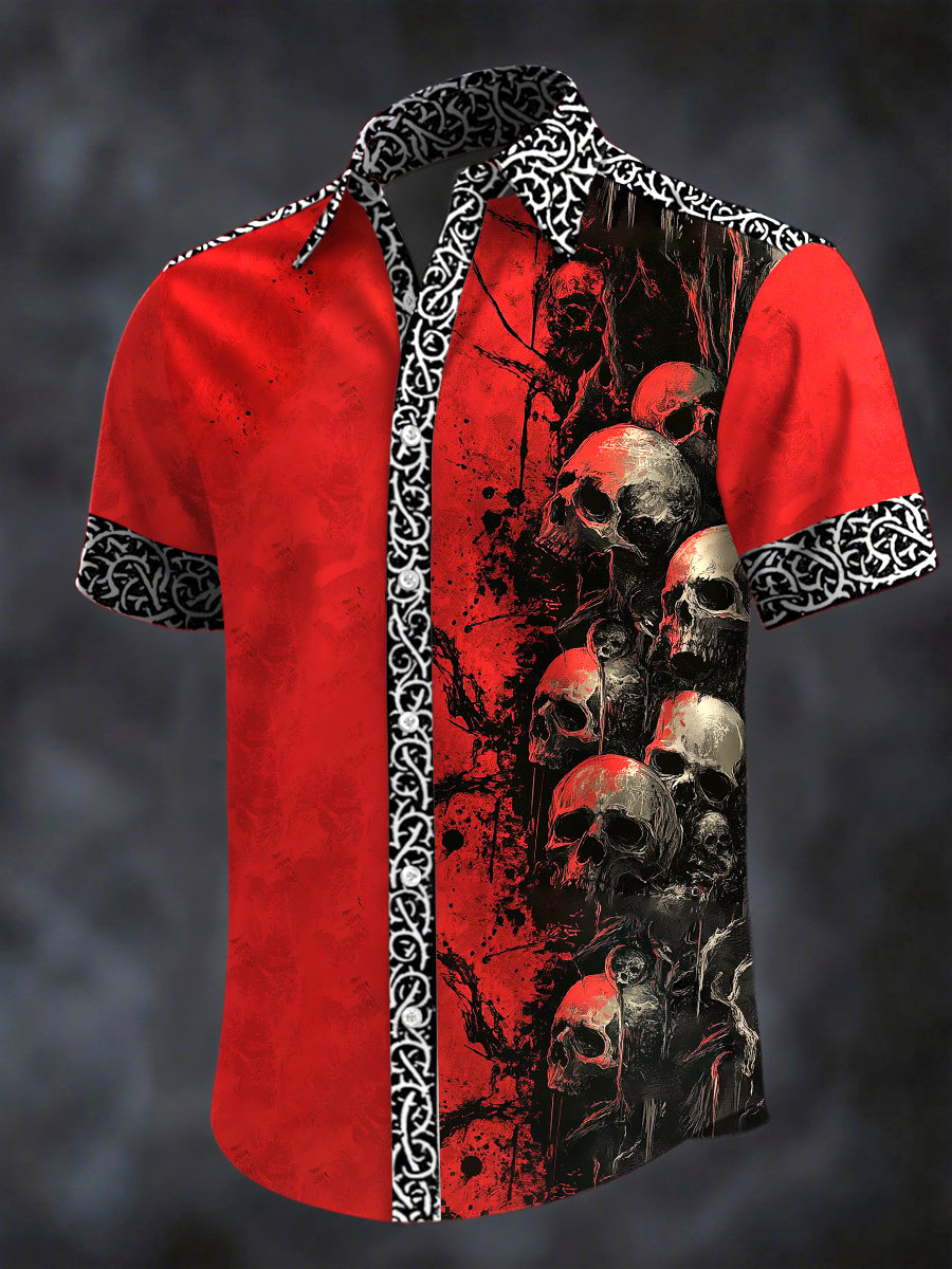 Men's Retro Horror Skull Print Lapel Short Sleeve Shirt