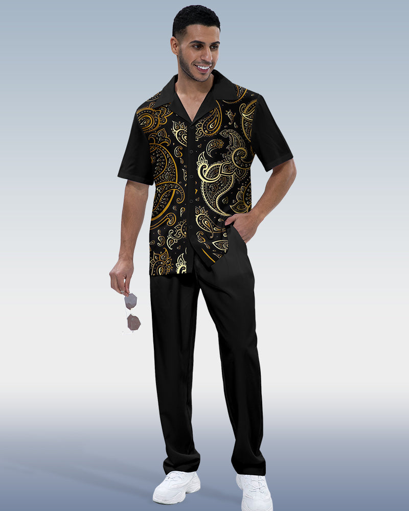 Rianmond Men's Paisley Print Short Sleeve Shirt Walking Set 657