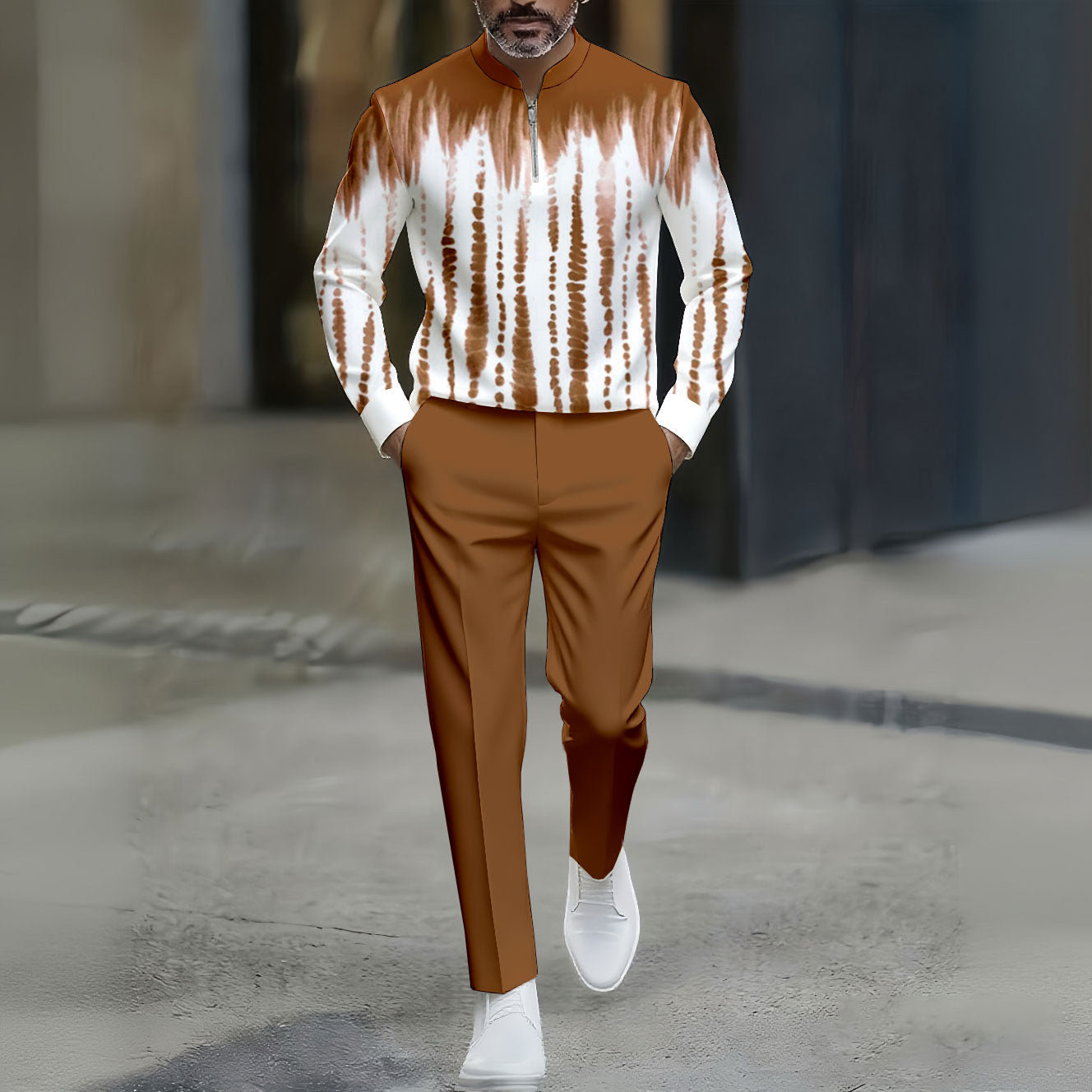 Men's Casual Brown & White Color Matching Tie-dye Printed Round-Neck Zipper Long Sleeved Trousers Two-Piece Set