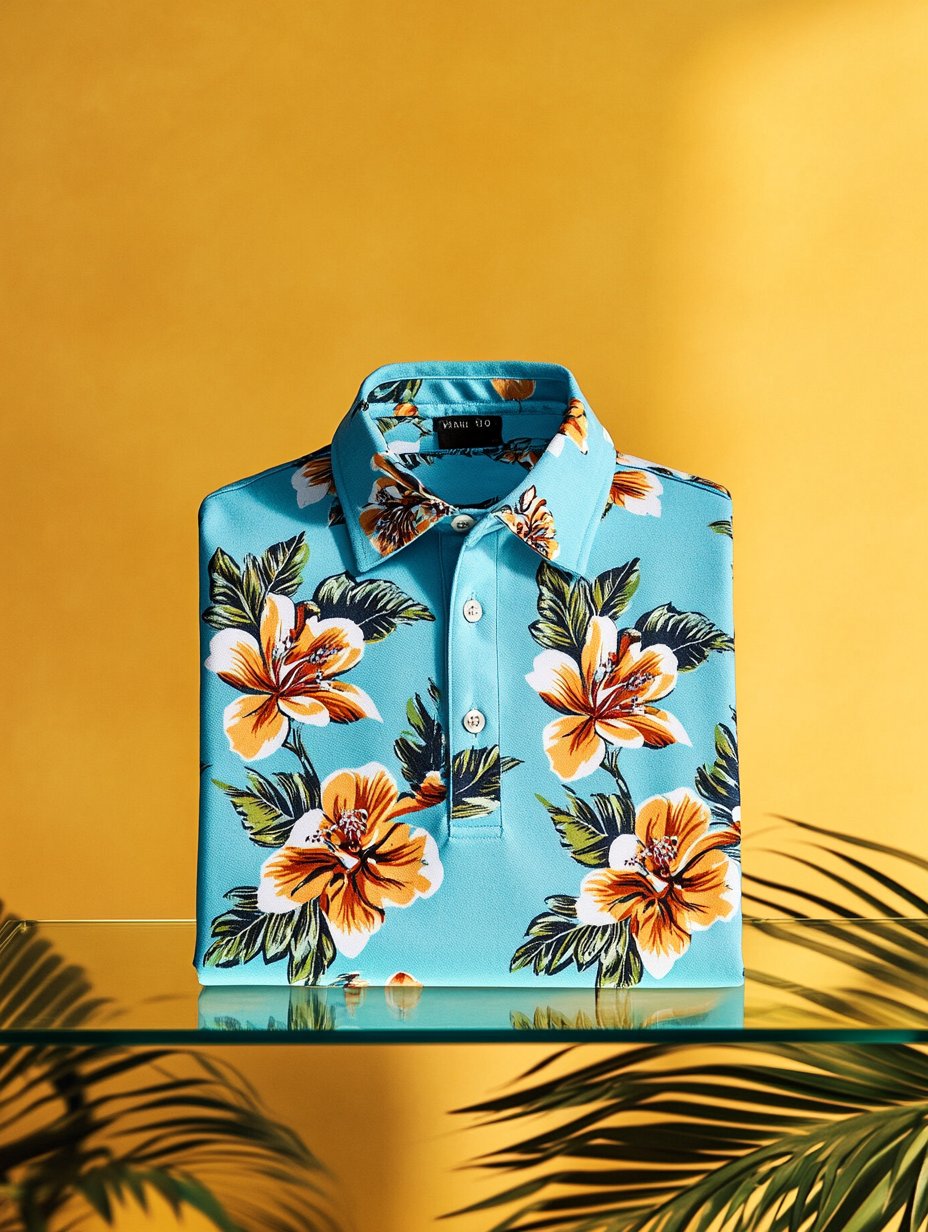 Men's Business Casual Floral Print Button-Down Short Sleeve Polo Shirt