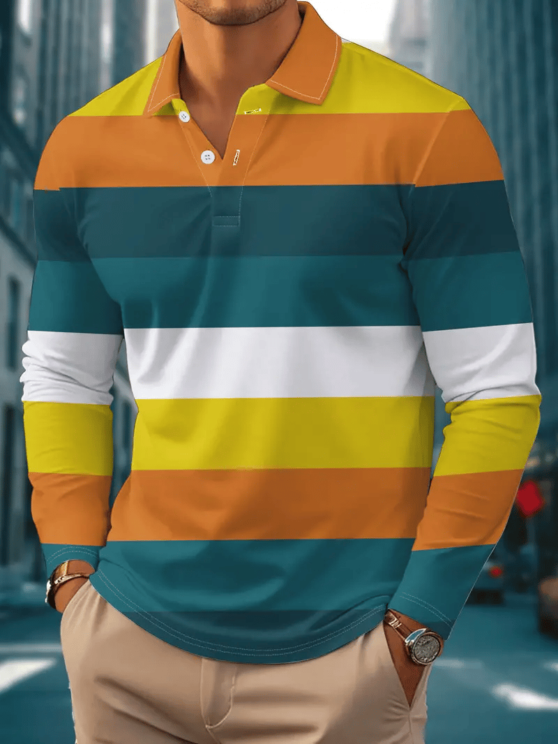 Men's Business Casual Striped Long-Sleeved Polo Shirt