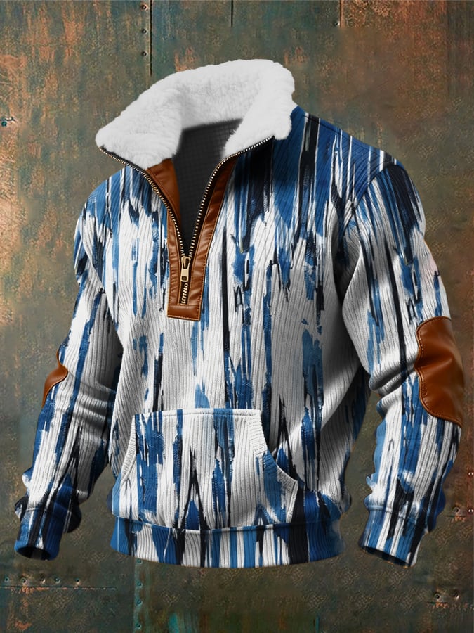 Men's Retro Abstract Art Print Zippered Fur Collar Pocket Patchwork Long-Sleeved Sweatshirt