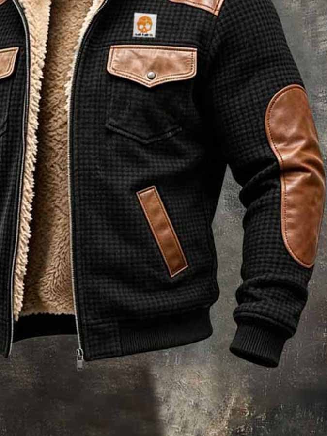 Men's Retro Waffle-Knit & Leather Panel Fleece-Lined Warm Outdoor Jacket