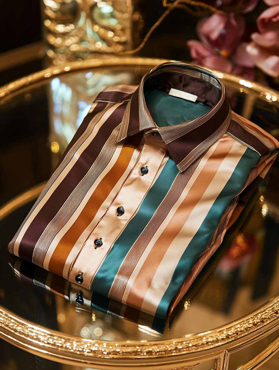 Men's Satin Luxury Business Charlie Sheen Striped Long Sleeve Shirt