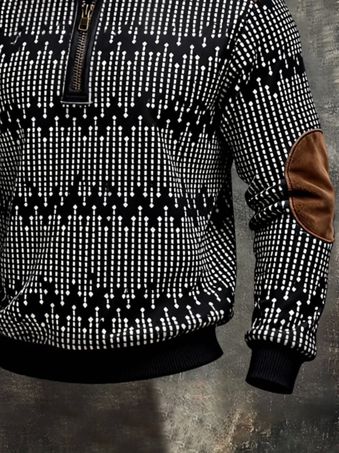 Men's Retro Color Block Print Color-Blocked Zip-Up Sweatshirt