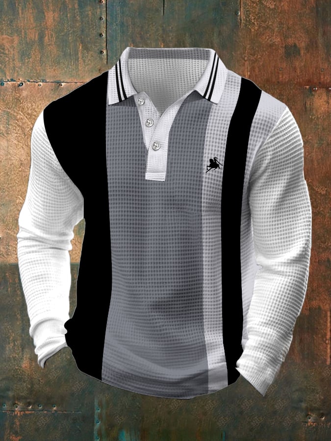 Men's Business Casual Waffle Fabric Long Sleeve Polo Shirt