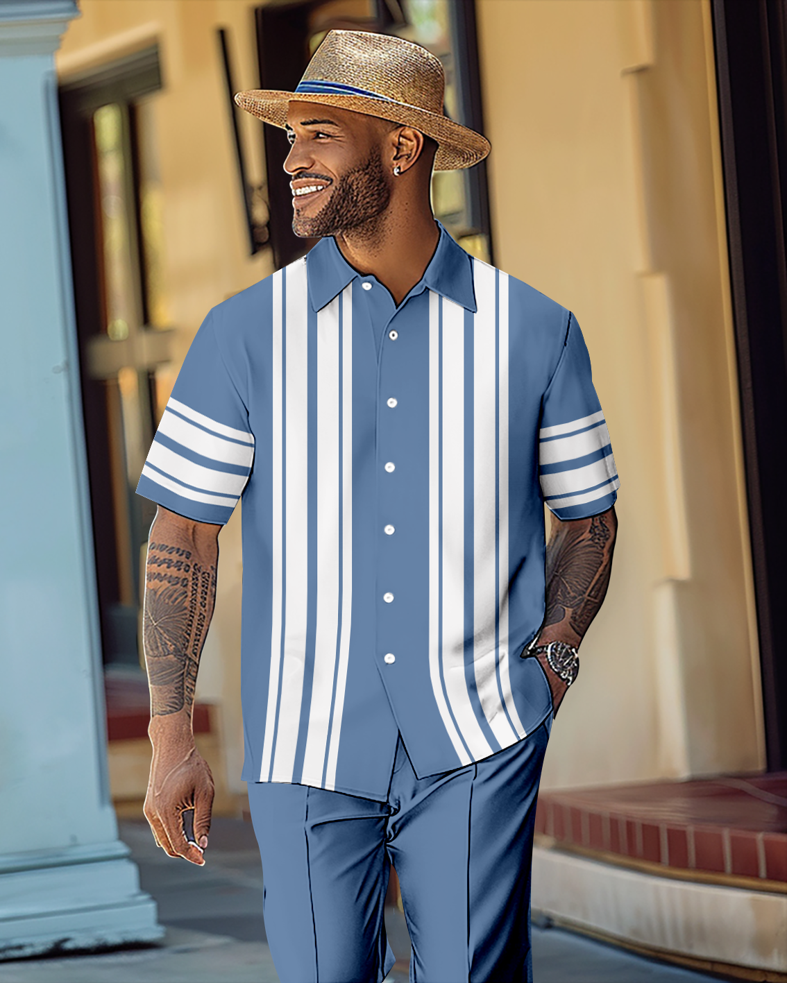 Men's Gorgeous Color Block Short Sleeve Shirt Walking Suit 1074