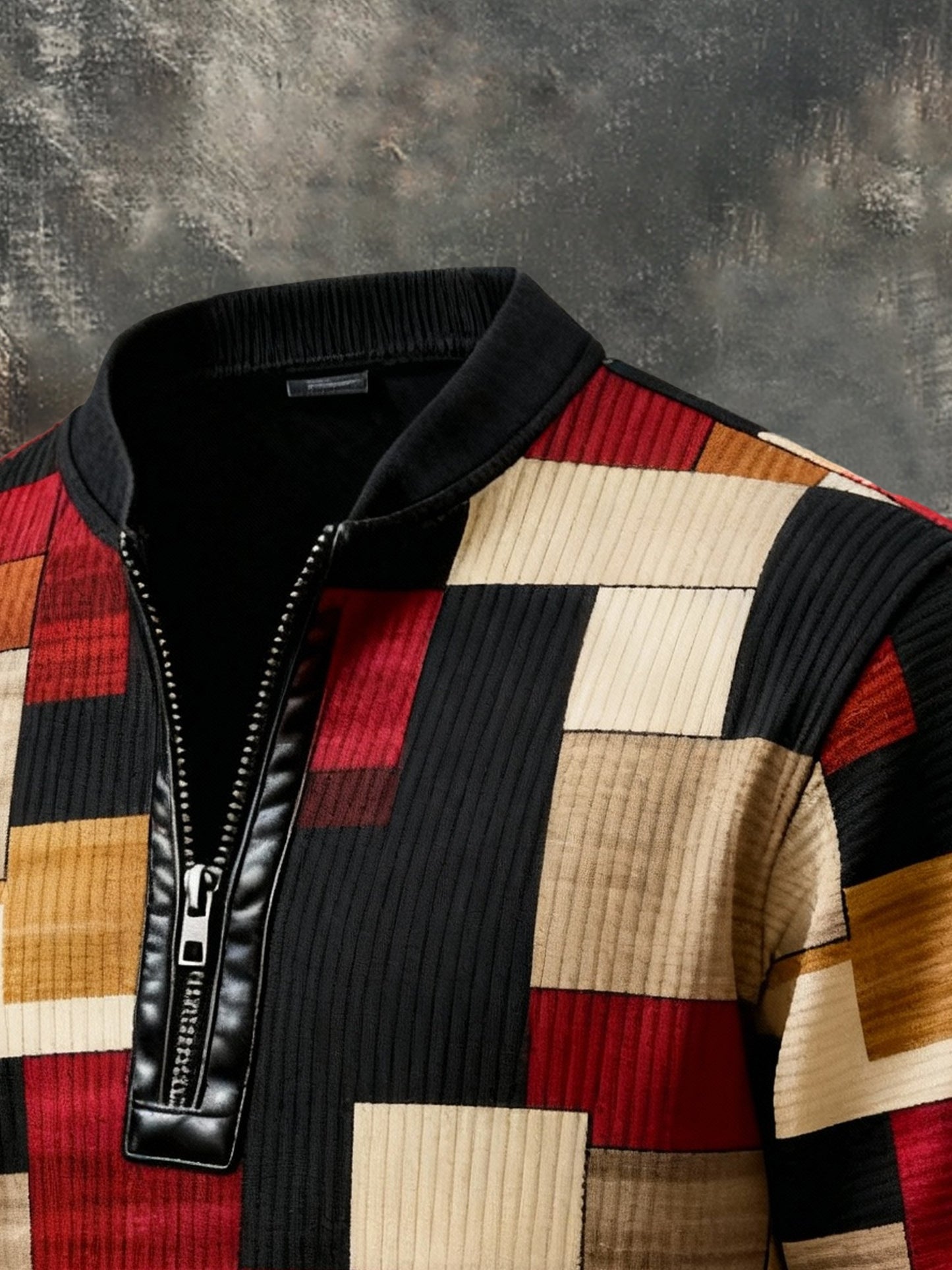 Men'S Casual Retro Contrast Color Half Zip Stand Collar Long Sleeve Sweatshirt