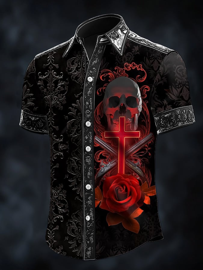 Men's Dark Skull Faith Print Satin Shirt