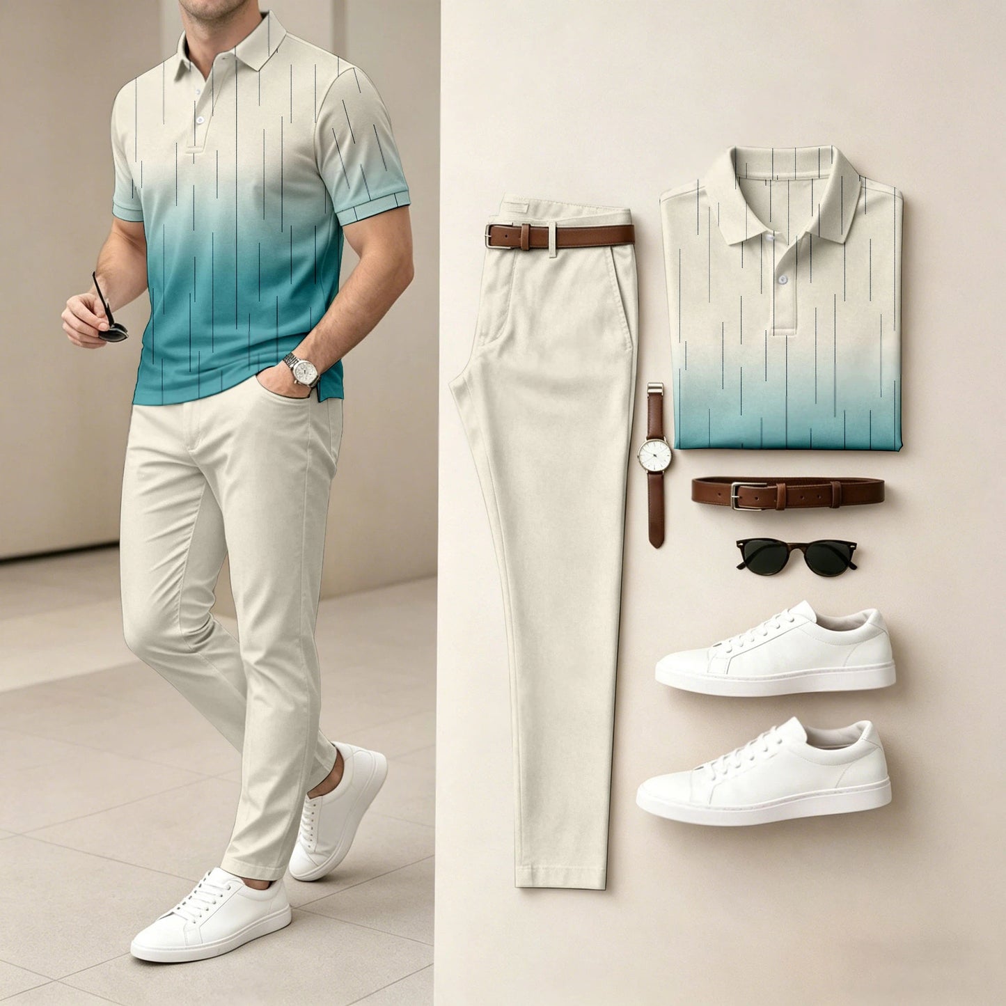 Men's Ombré Color Short-Sleeve Polo Shirt and Pants Two-Piece Set