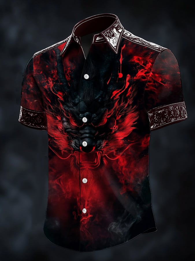 Men's Casual Dark Viking Dragon Print Satin Shirt