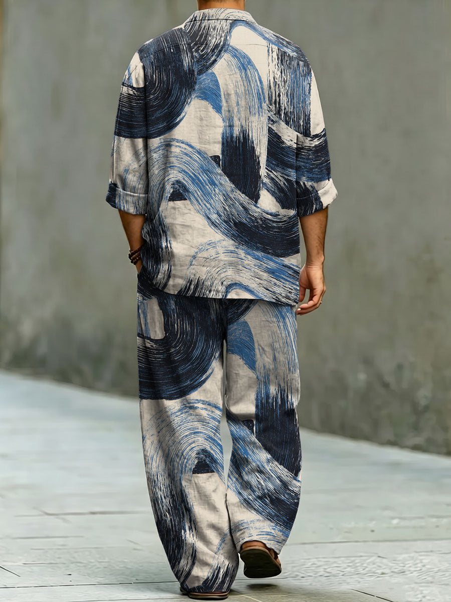 Elegant Sophisticated And Casual Dry-brush Style Decorative Patterns. Long Sleeve Cotton Linen Top And Pants Set