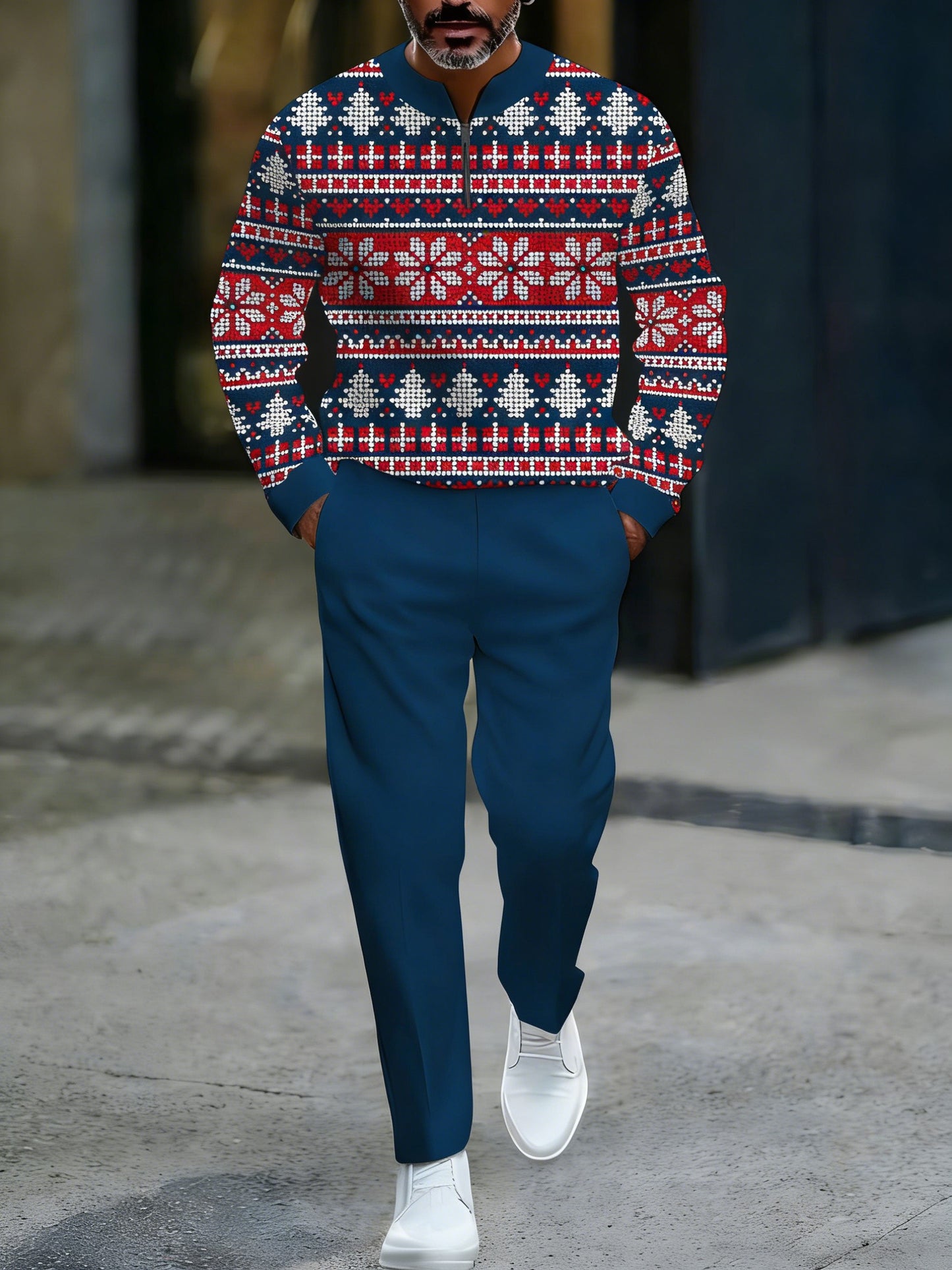 Men's Casual Navy & Red Color Matching Christmas Printed Round-Neck Zipper Long Sleeved Sweatshirt & Trousers Two-Piece Set