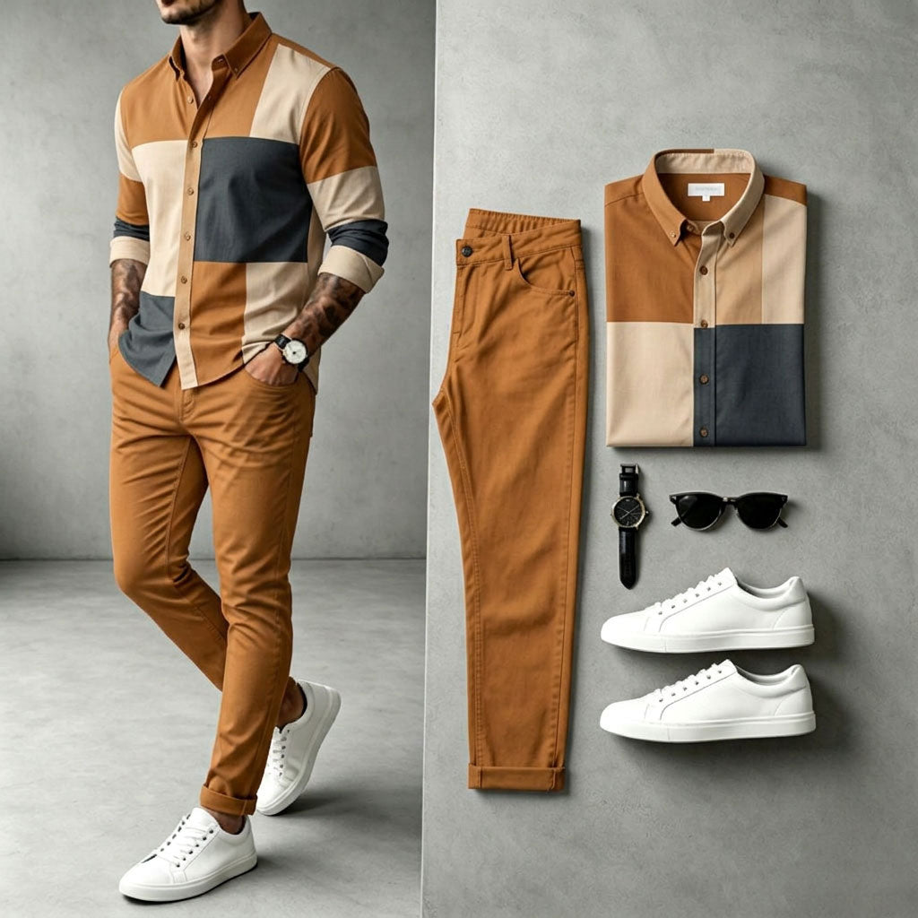 Men's Two-Tone Long-Sleeve Shirt and Pants Set