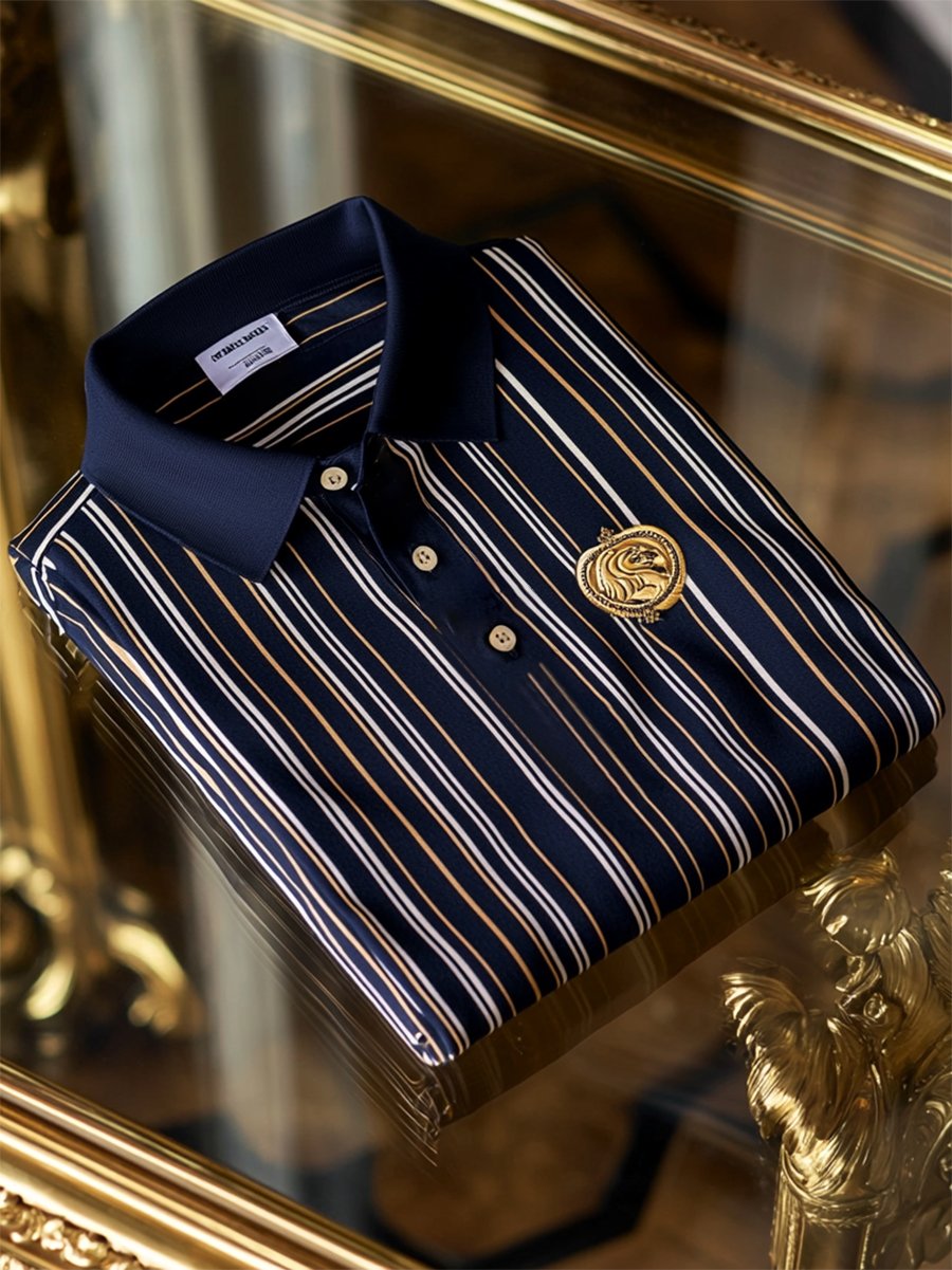 Men's Business Casual Striped Button Short Sleeve Polo Shirt