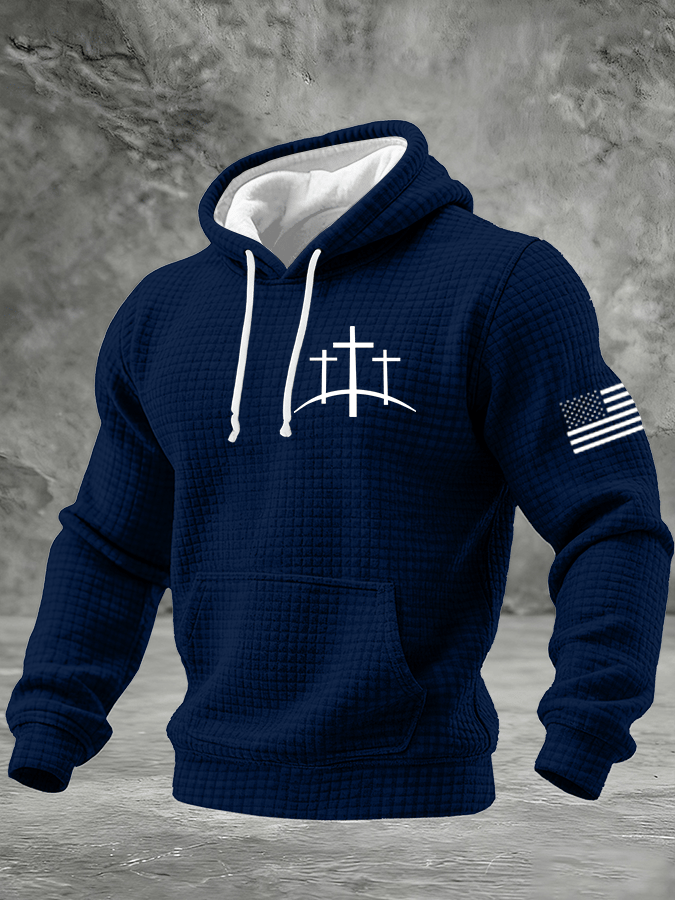 Men's Faith Print Checkered Fabric Hooded Sweatshirt