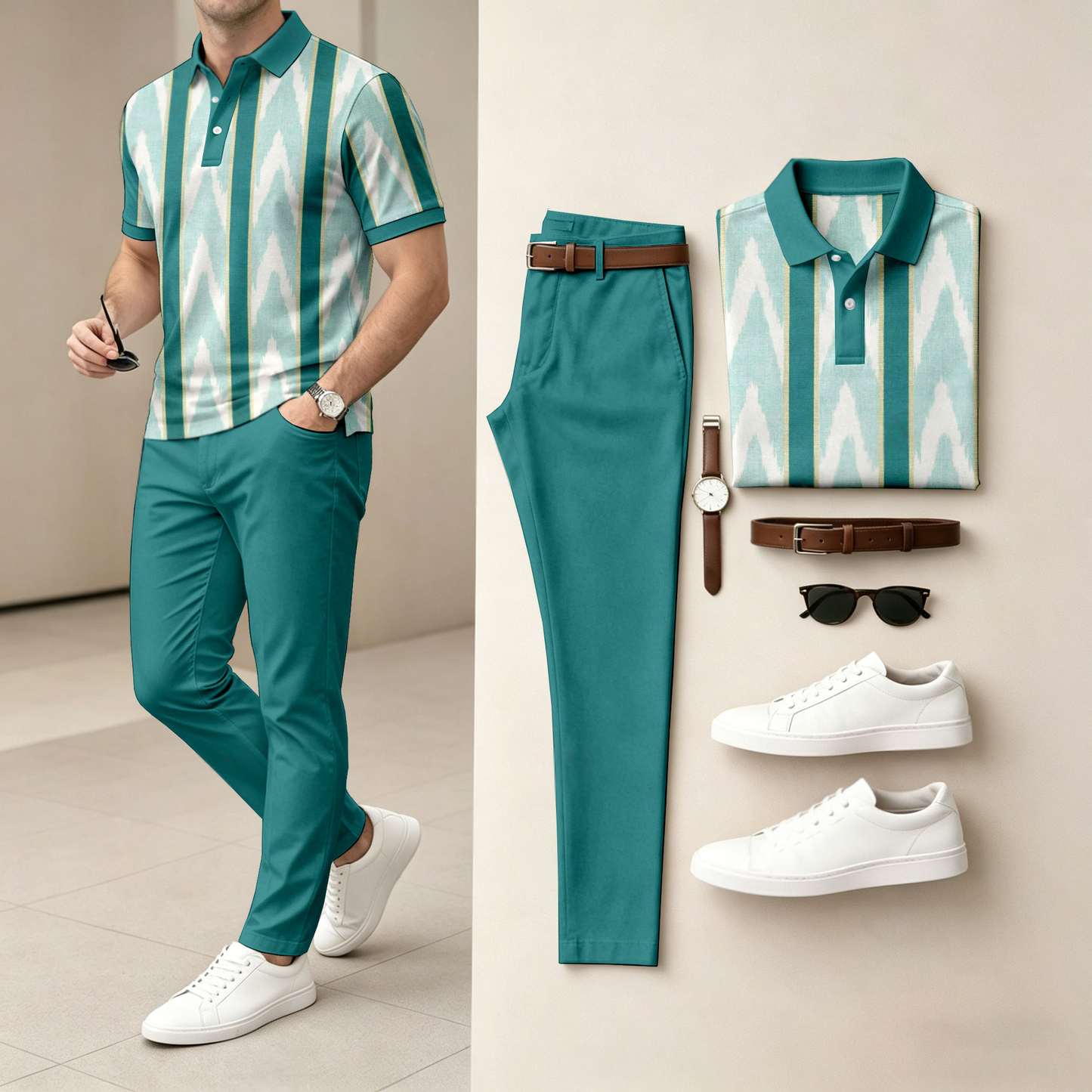 Men's Casual Striped Gradient-Print Short-Sleeve Polo Shirt And Pants Set (Excludes Accessories Such As Watches And Belts)