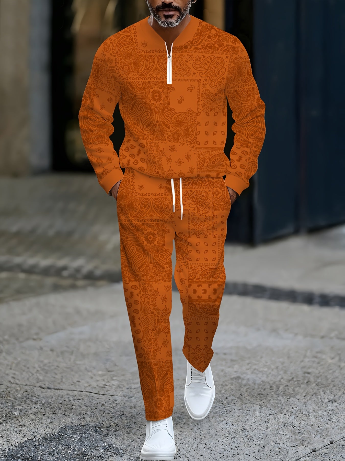 Men's Casual Orange Flower Printed Round-Neck Zipper Long Sleeved Trousers Two-Piece Set