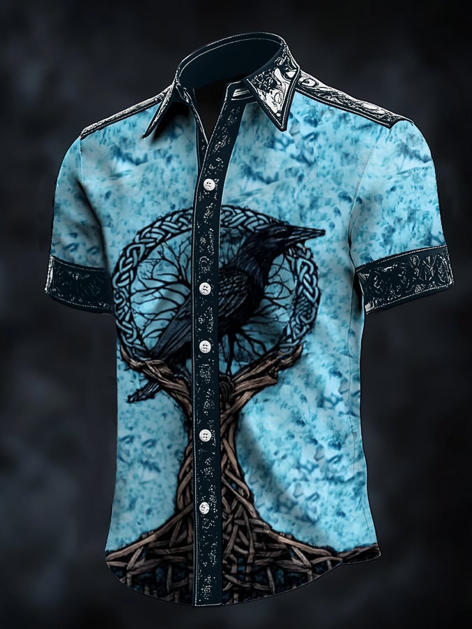 Men's Casual Dark Viking Crow Print Satin Shirt