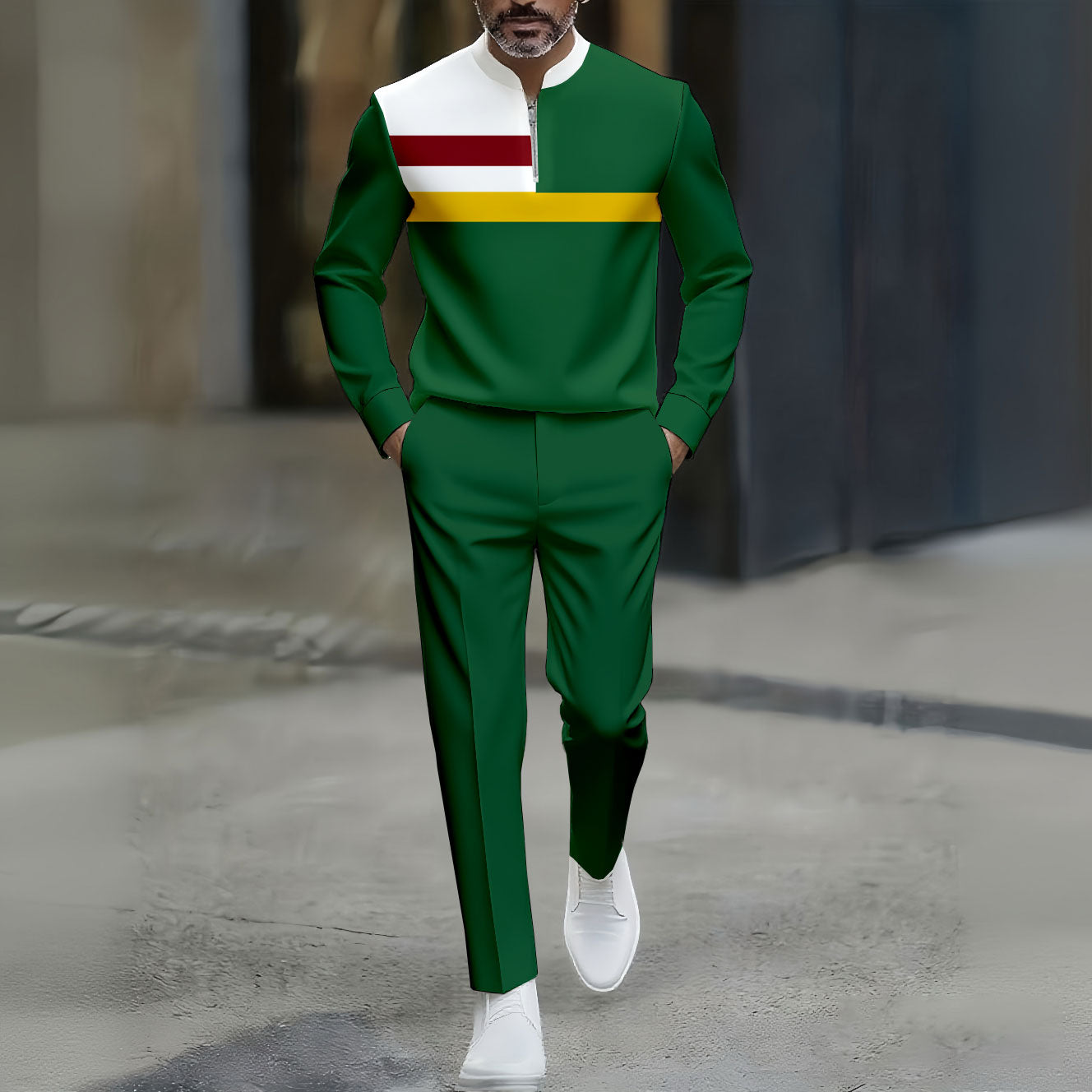 Men's Casual Color-Blocked Print Polo Collar Zipper Long Sleeve And Pants Two-Piece Set