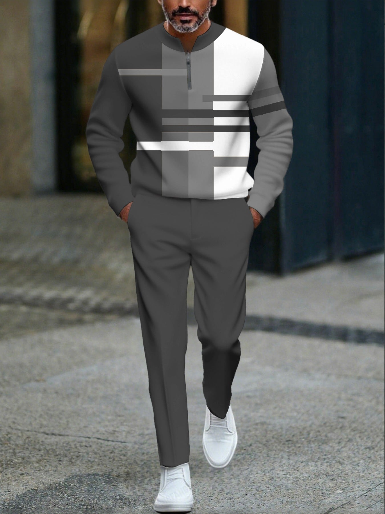 Men's Casual Gray & White Color Matching Geometric Printed Round-Neck Zipper Long Sleeved Sweatshirt & Trousers Two-Piece Set
