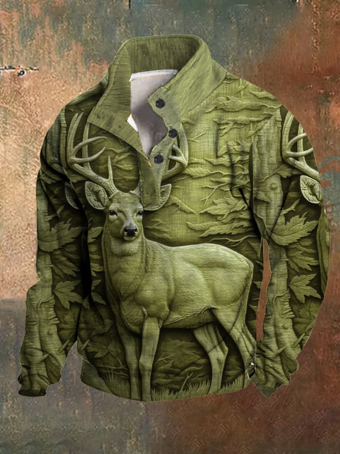 Men's Fleece Western 3D Forest Deer Hunting Stand Collar Sweatshirt