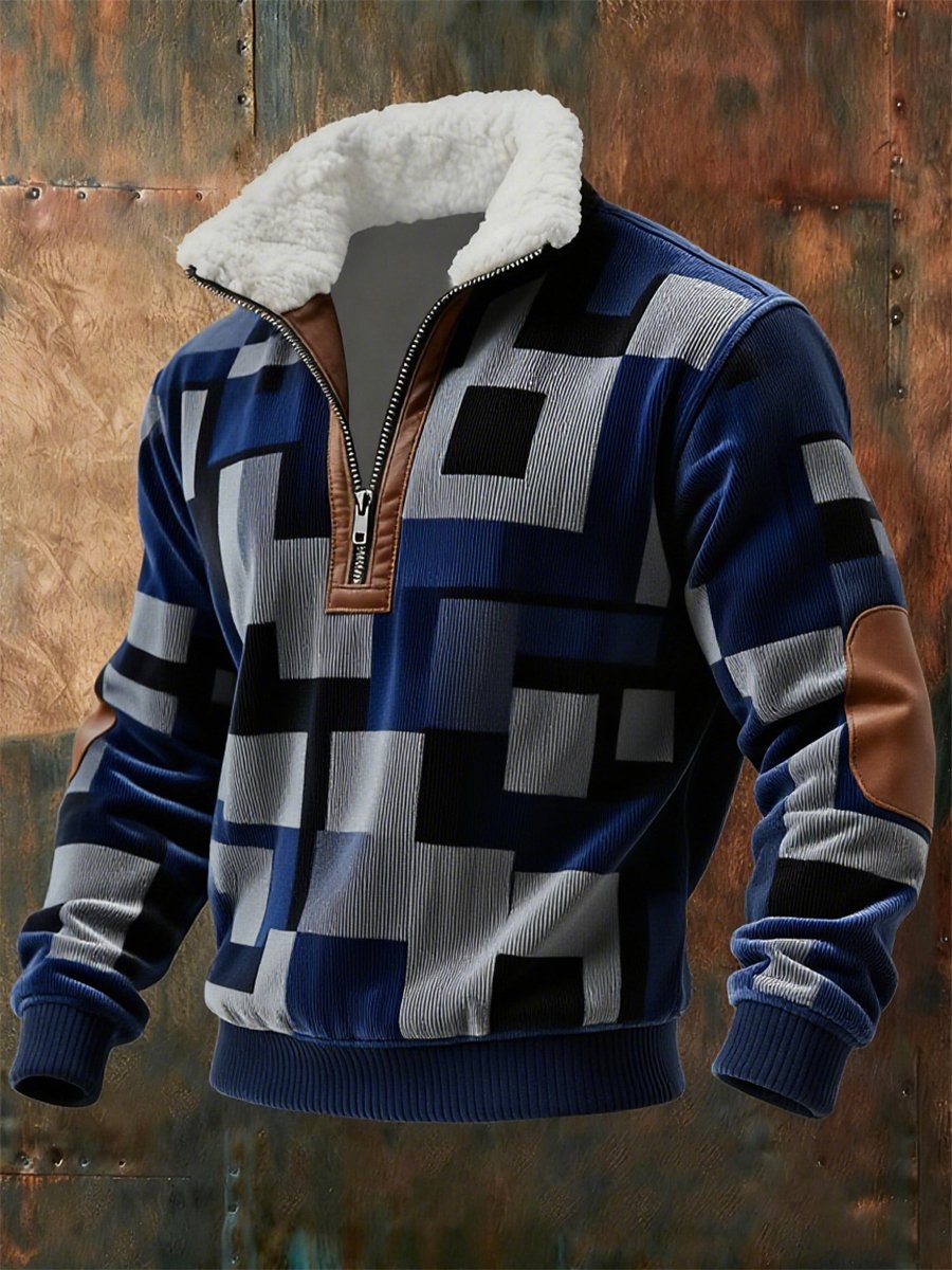 Men's Retro Geometric Quarter Zip Fleece Neck Sweatshirt