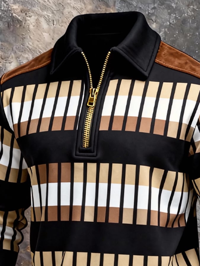 Men's Retro Color Block Print Zipper Sweatshirt