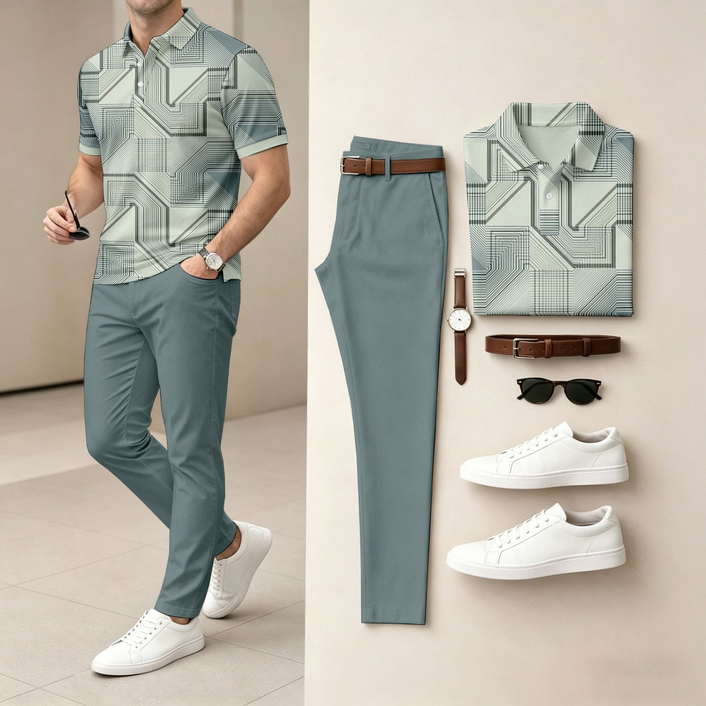 Men's Casual Light Green Checkered Printed Polo Shirt And Pants Two-Piece Set
