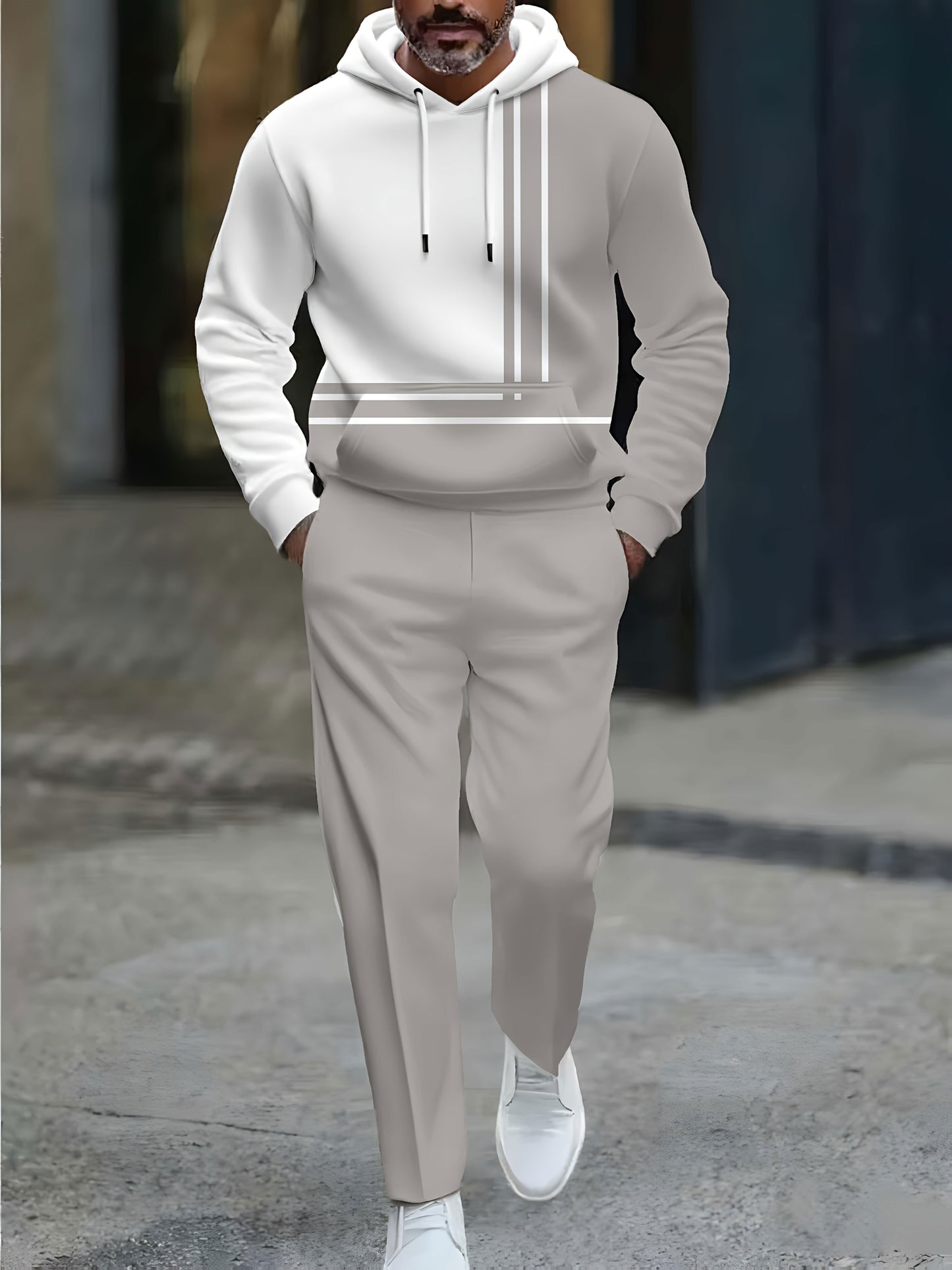 Men's Casual Color Matching Printed Hooded Long Sleeved Trousers Two-Piece Set