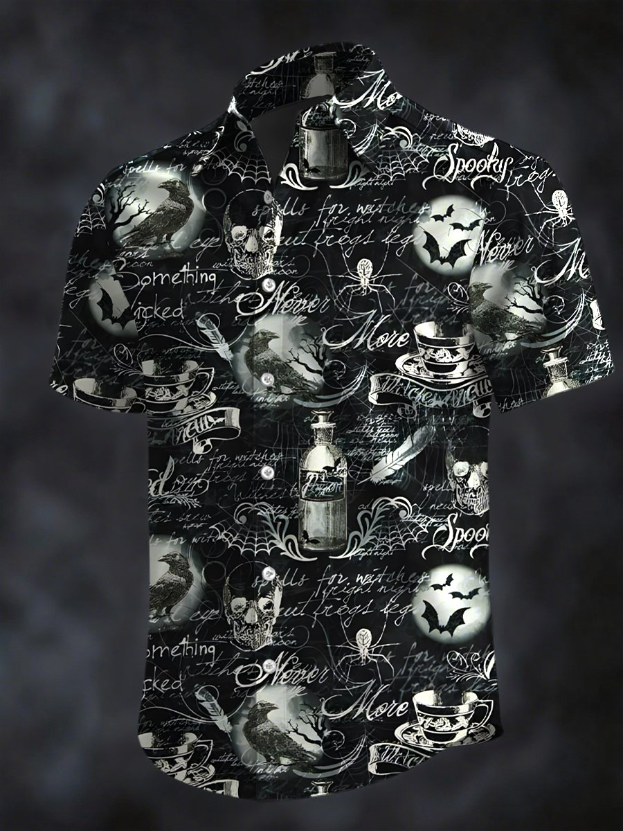 Men's Retro Horror Skull Print Lapel Short Sleeve Shirt