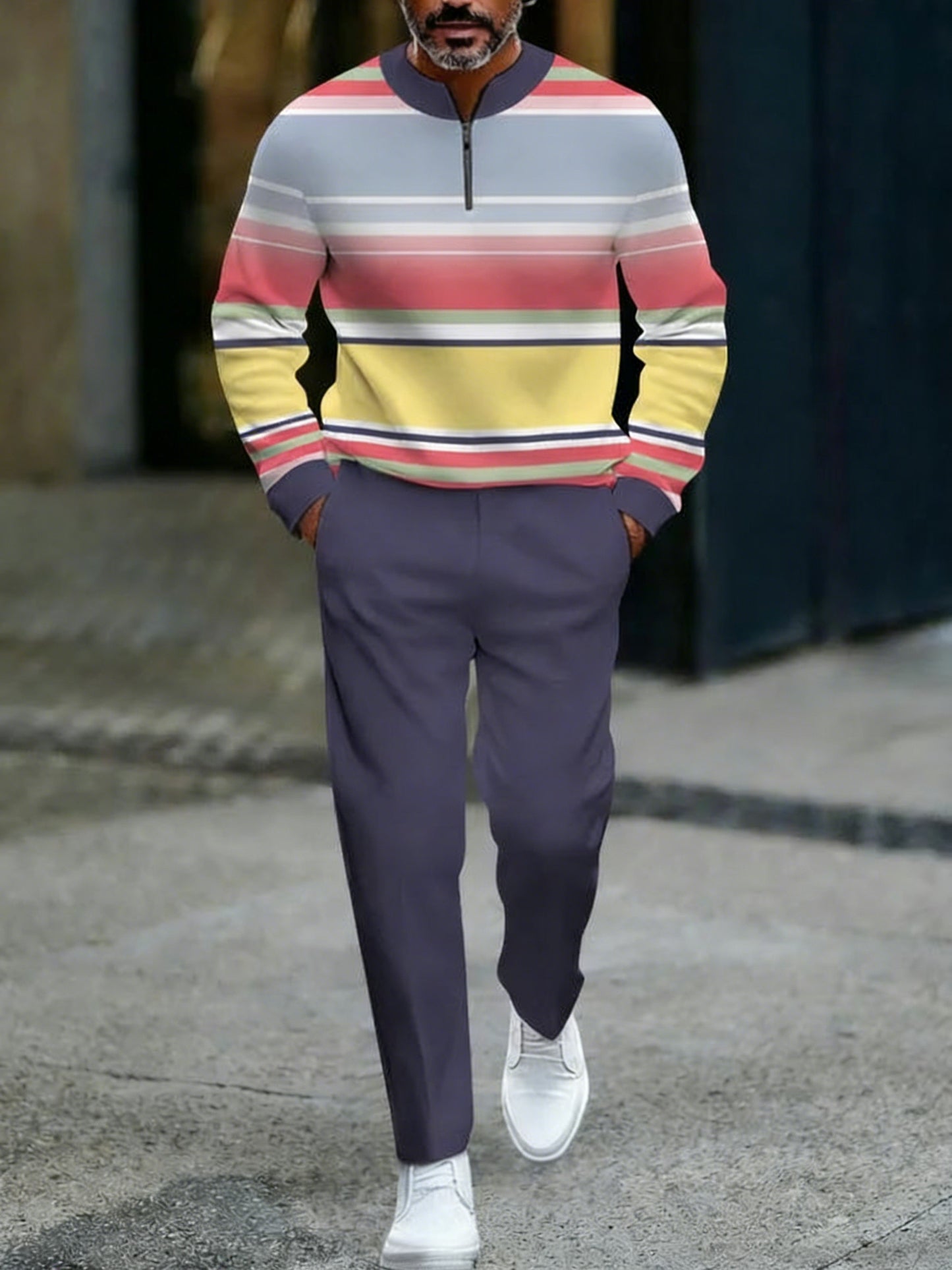 Men's Casual Purplr & Multi Color Matching Gradient Striped Printed Round-Neck Zipper Long Sleeved Tops & Trousers Two-Piece Set