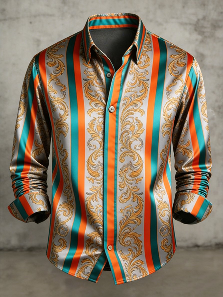 Men's Retro Business Color Block Striped Pattern Long-Sleeve Shirt