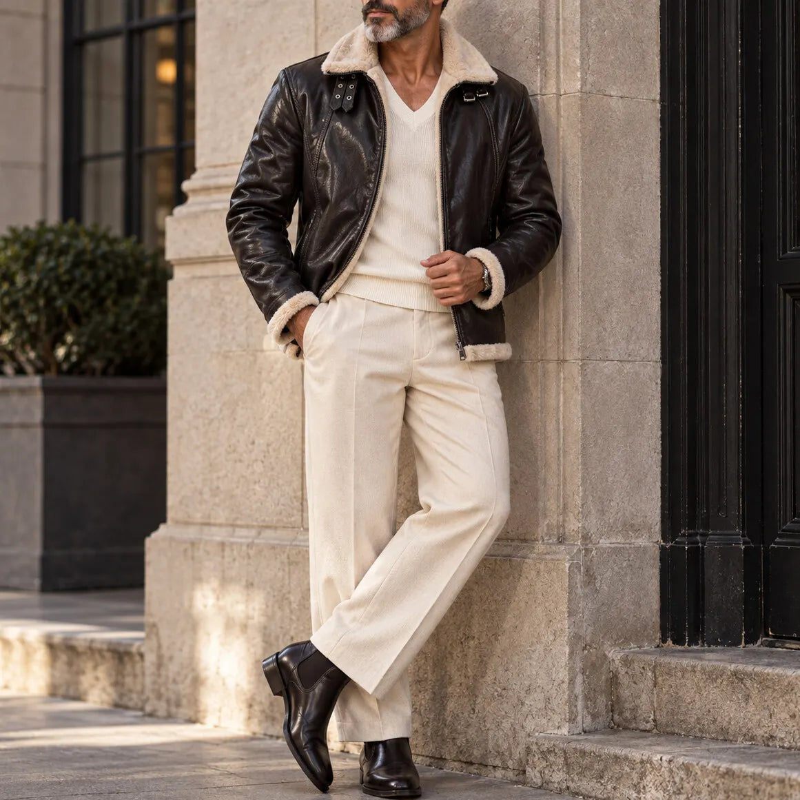Men's Vintage Zipper Pocket Turndown Collar Fleece Lined PU Leather Jacket
