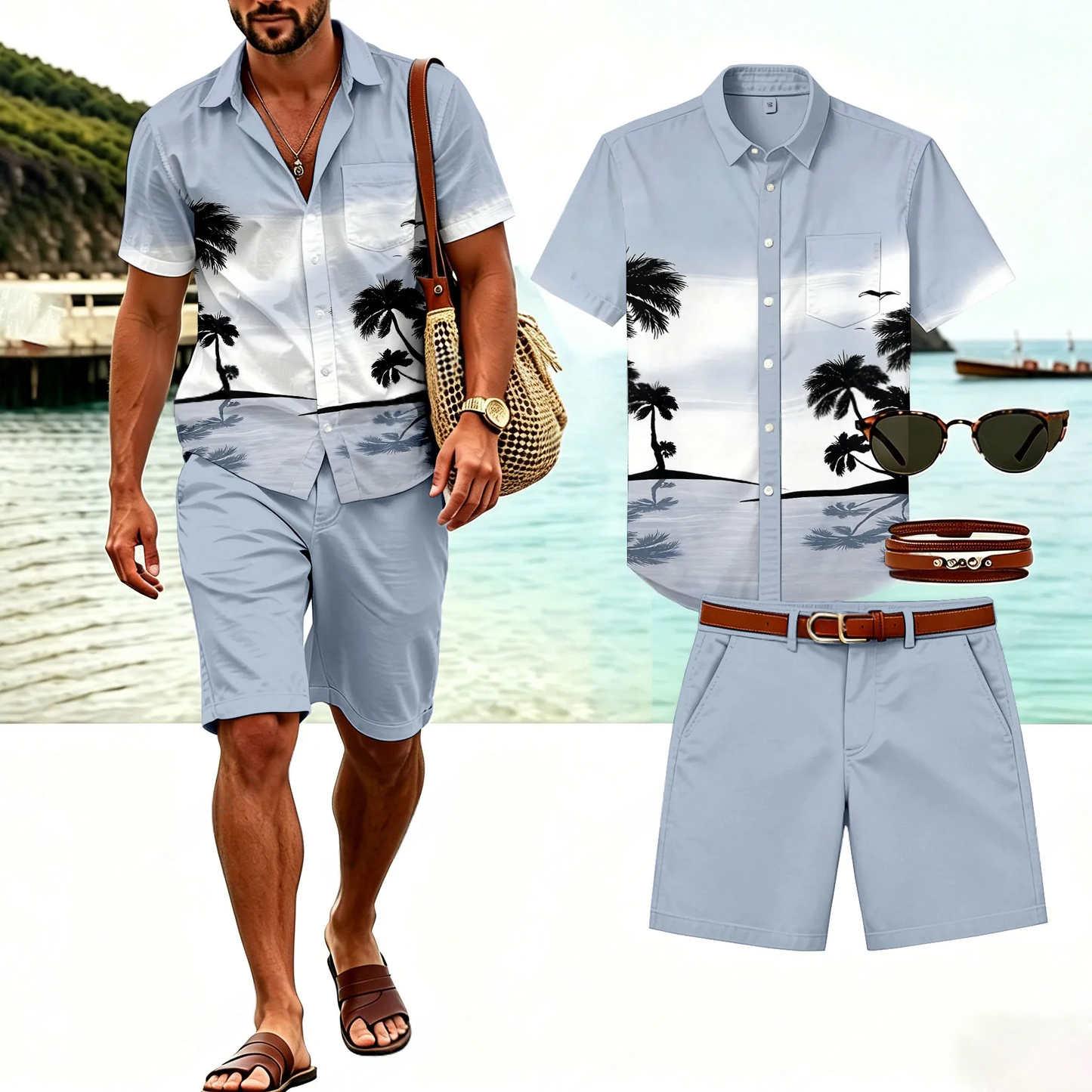 Men's Casual Short-Sleeved Shirt And Shorts Two-Piece Set (Excluding Bag, Belt, Sunglasses And Accessories)