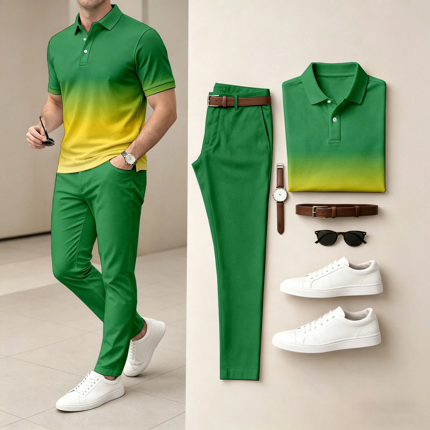 Men's Ombré Color Short-Sleeve Polo Shirt and Pants Two-Piece Set
