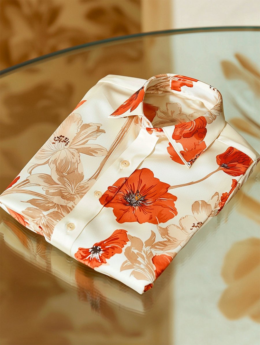 Men's Satin Luxe Hawaiian Print Short Sleeve Button Shirt