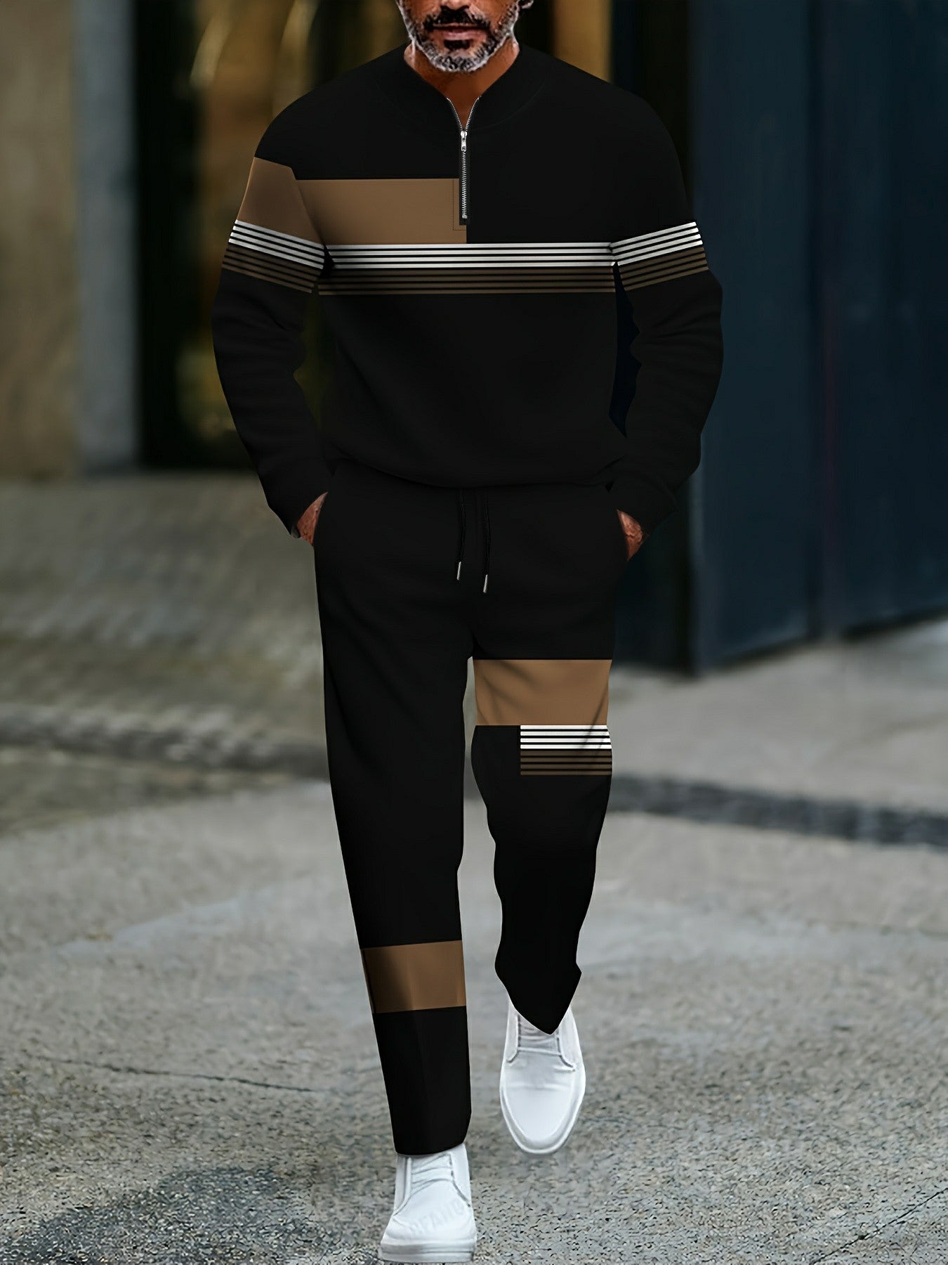 Men's Casual Black & Coffee Color Matching Striped Printed Round-Neck Zipper Long Sleeved Trousers Two-Piece Set
