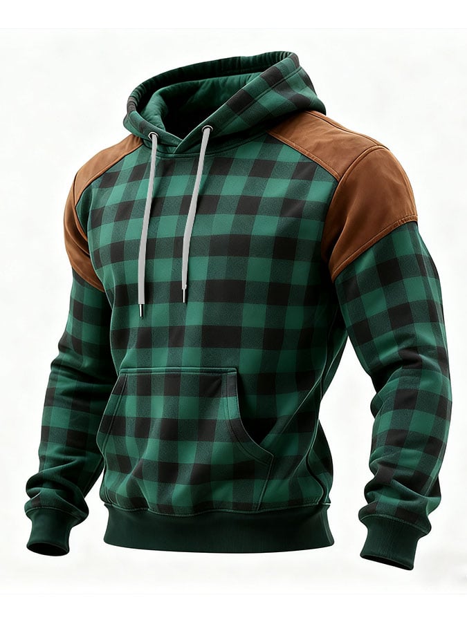 Men's Casual Retro Plaid Print Long Sleeve Hooded Sweatshirt