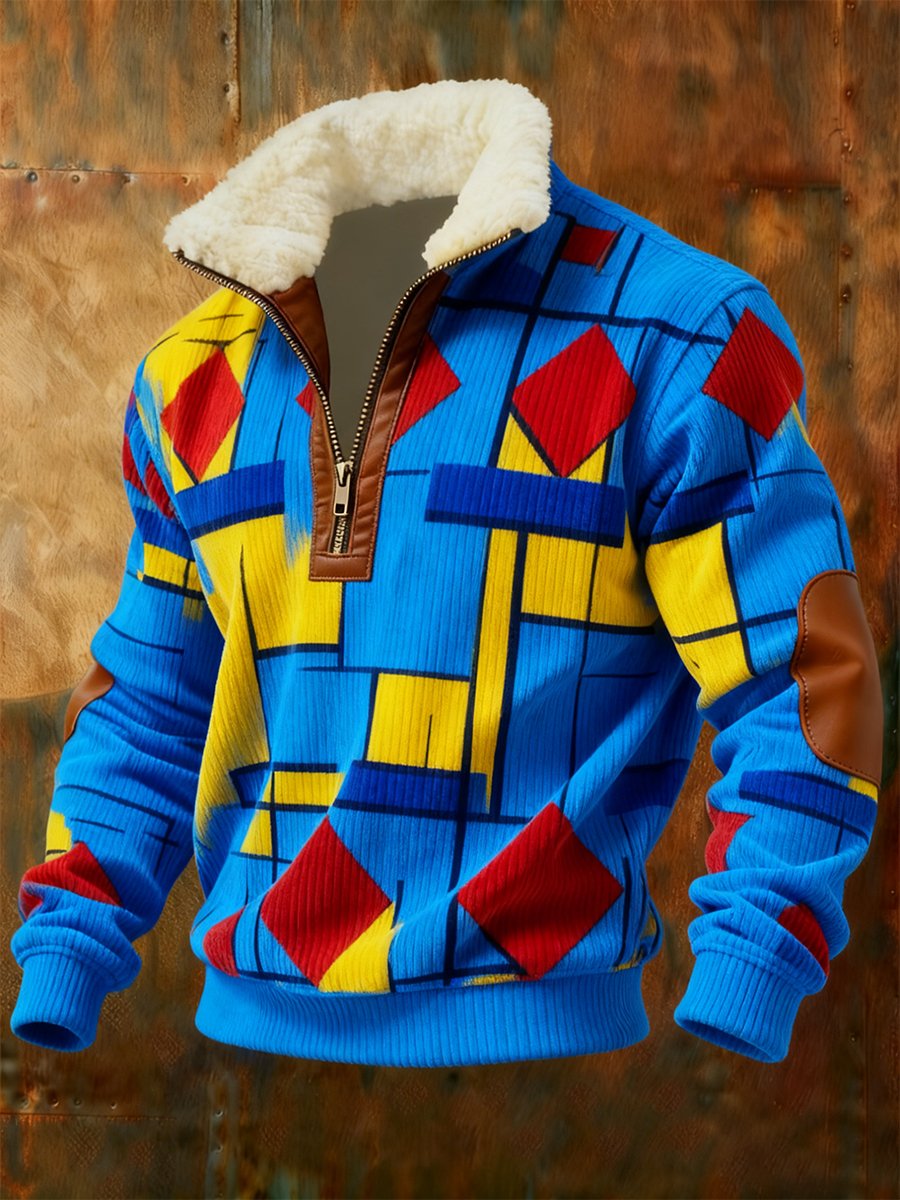 Men's Retro Geometric Quarter Zip Fleece Neck Sweatshirt