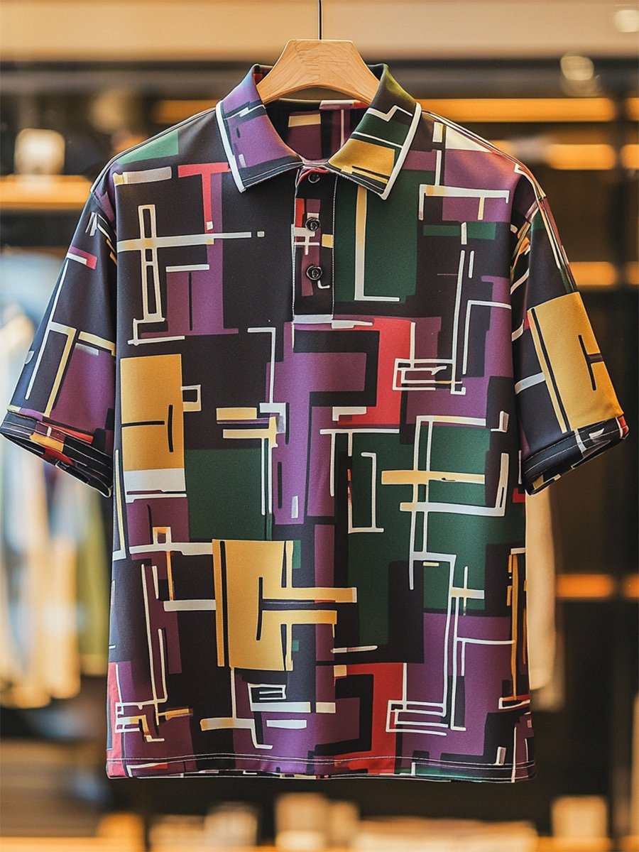 Men's Vintage Casual Bauhaus Geometric Art Button Short Sleeve Polo Shirt
