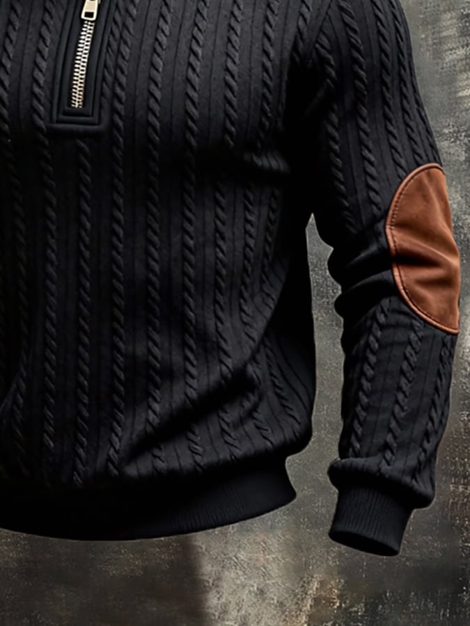 Men'S Vintage-Style Textured Patchwork Color-Block Long-Sleeved Sweatshirt
