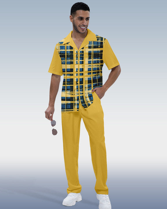 Rianmond Men's Check Print Short Sleeve Shirt Walking Set 352