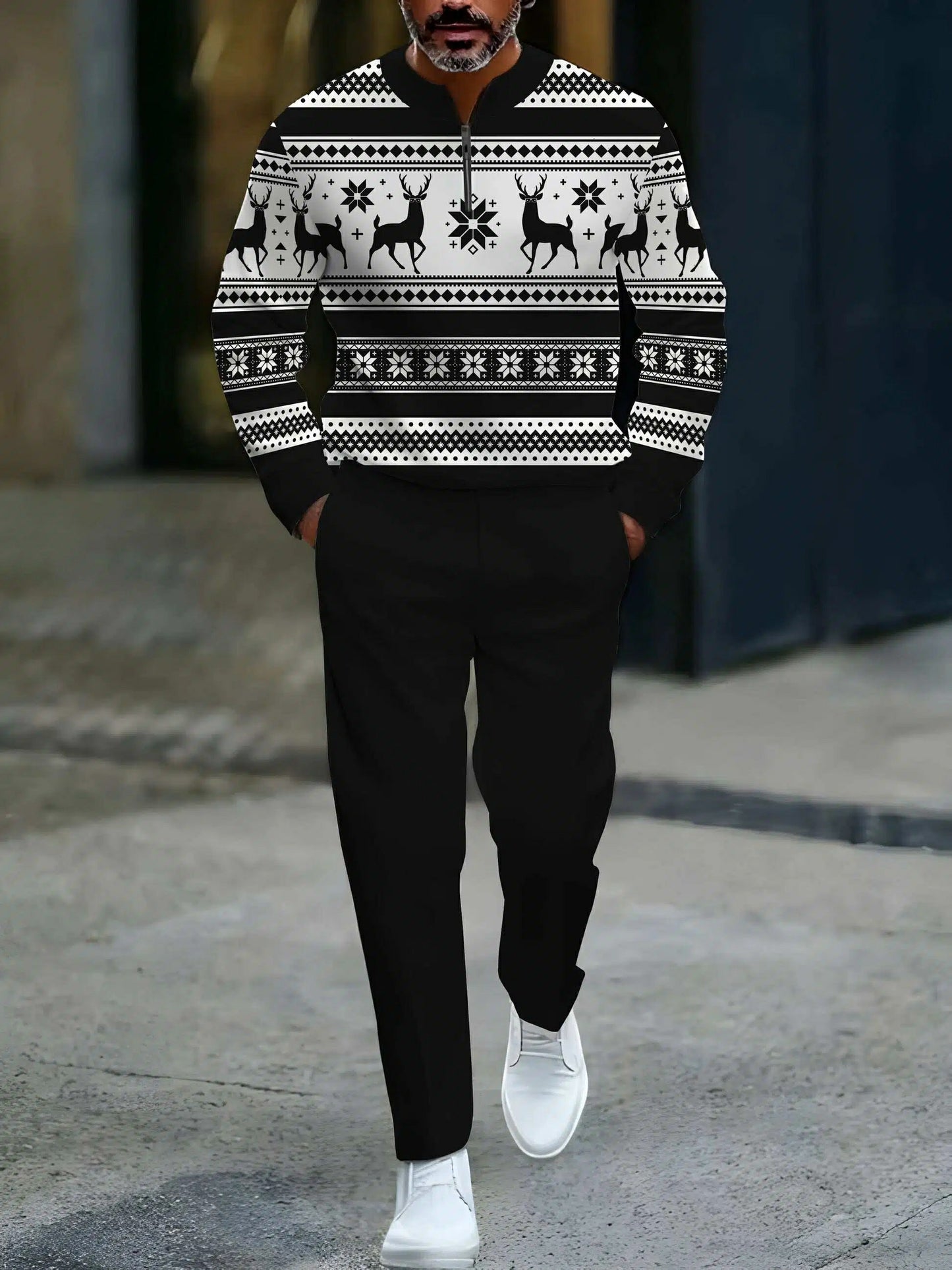 Men's Casual Black & White Color Matching Christmas Elk Pattenr Round-Neck Zipper Long Sleeved Sweatshirt & Trousers Two-Piece Set