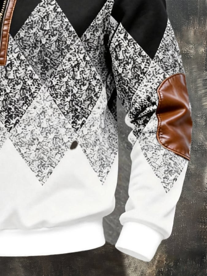 Men's Retro Color Block Print Color-Blocked Zip-Up Sweatshirt