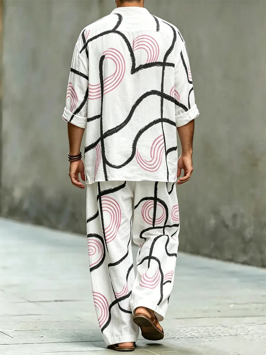 Men's Stylish Abstract Art Print Cotton Shirt Set