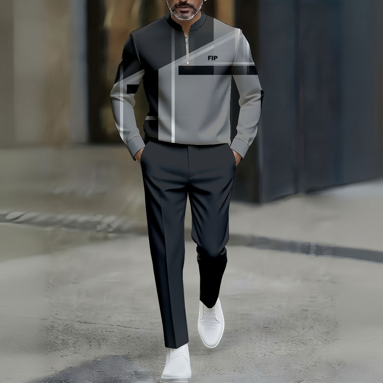 Men's Casual Gray&Black Color Matching Printed Round-Neck Zipper Long Sleeved Trousers Two-Piece Set