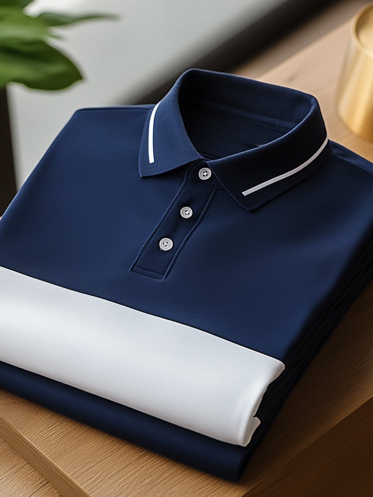 Men's Business Casual Blue and White Block Button Short Sleeve Polo Shirt