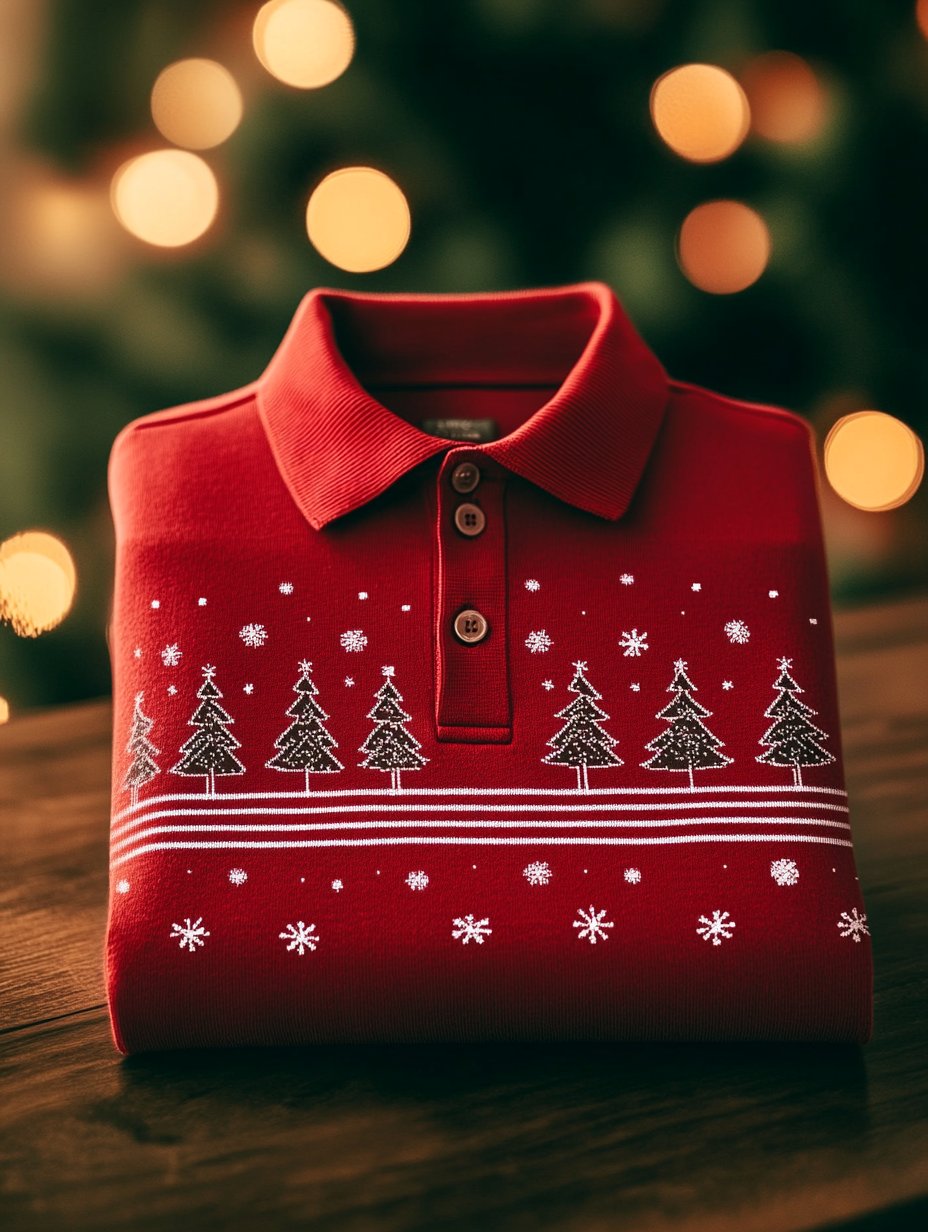 Men's Business Christmas Evergreen Snowflake Button Long Sleeve Polo Shirt
