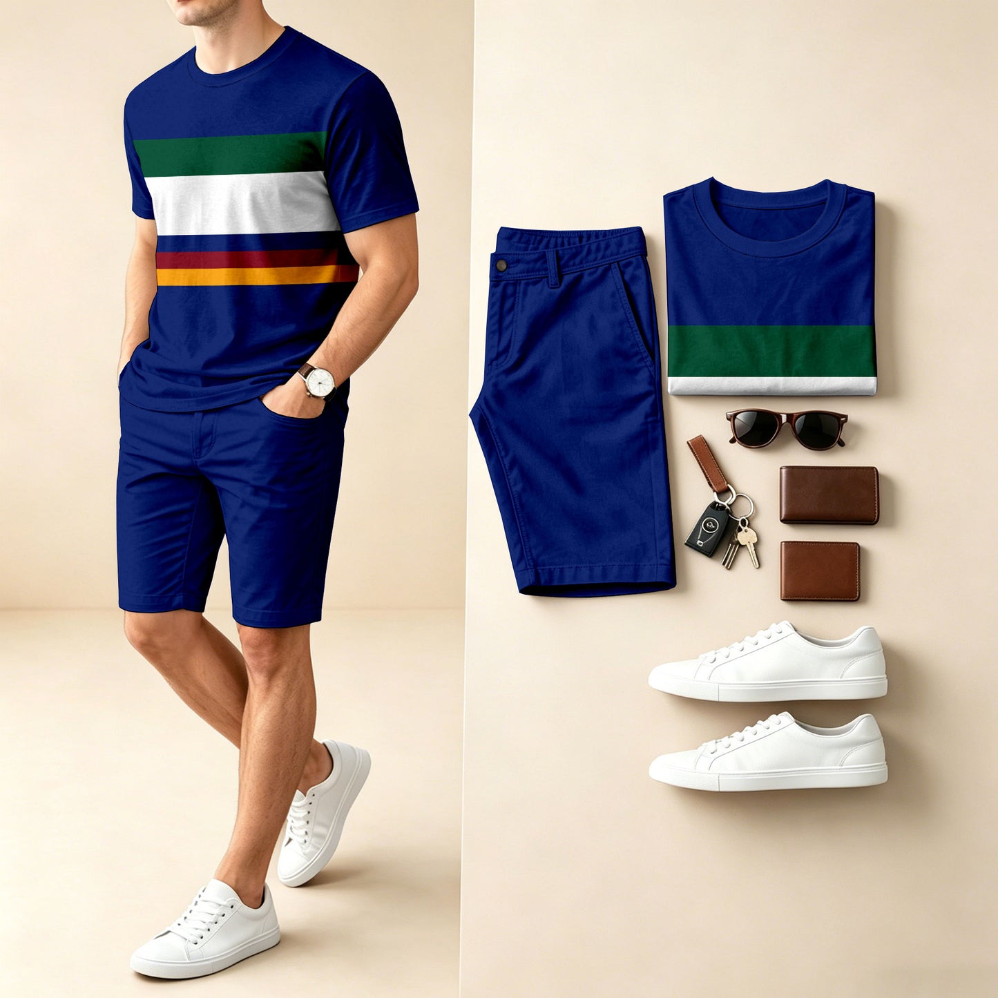 Men's Casual Striped, Color-Blocked Print Round-Neck Short-Sleeve T-Shirt And Shorts Two-Piece Set